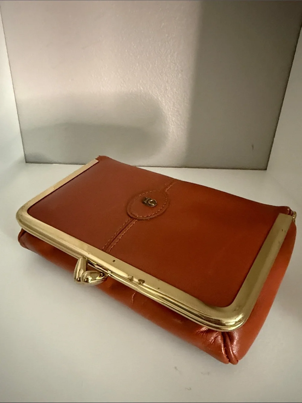 Classic Leather Clutch in Cognac with Gold Trim